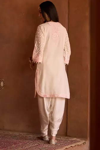Pink embroidered silk chanderi kurta set