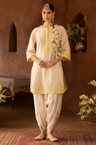 Lemon yellow embroidered silk chanderi kurta set