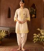 Lemon yellow embroidered silk chanderi kurta set