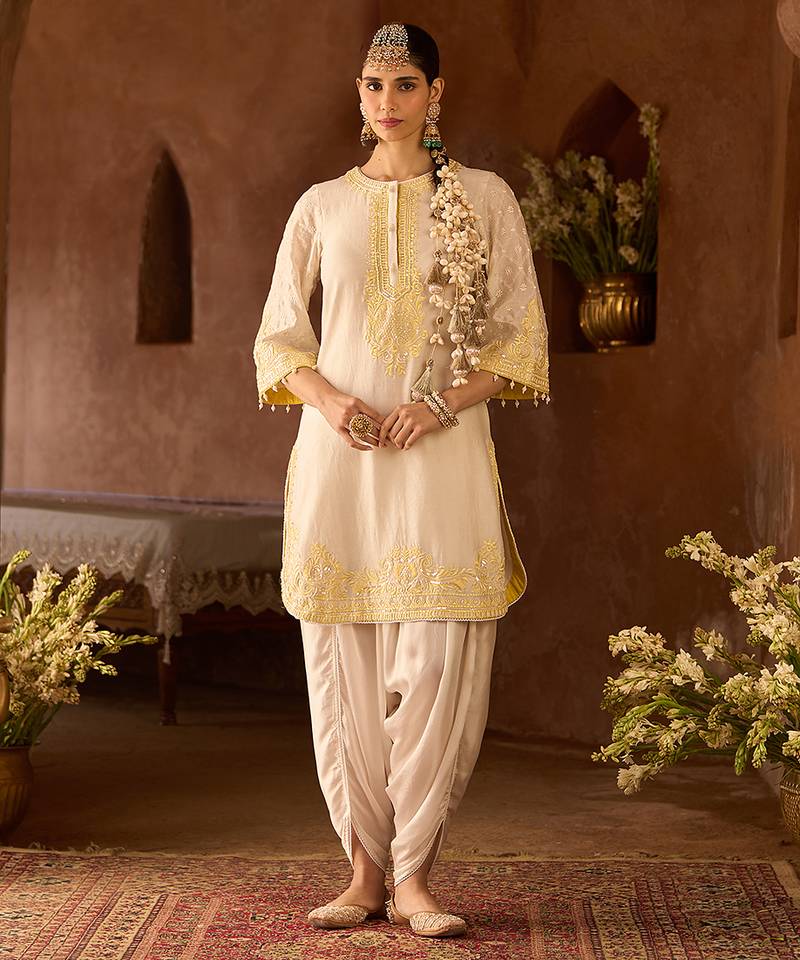 Lemon yellow embroidered silk chanderi kurta set