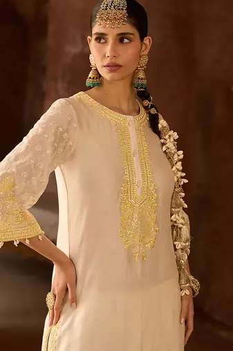 Lemon yellow embroidered silk chanderi kurta set