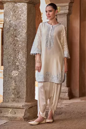 Daisy ivory blue embroidered silk chanderi kurta set