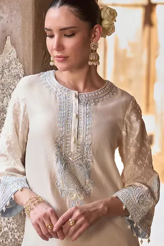 Daisy ivory blue embroidered silk chanderi kurta set