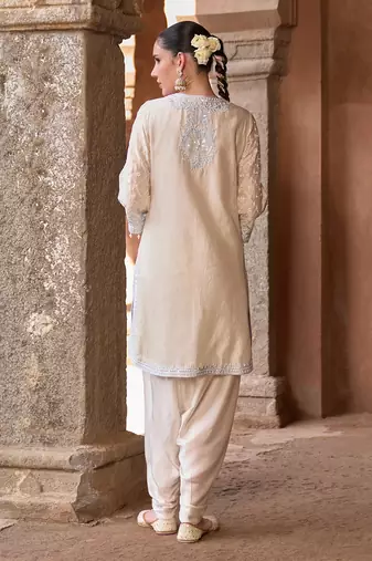 Daisy ivory blue embroidered silk chanderi kurta set