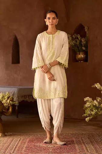 Mint green embroidered silk chanderi kurta set