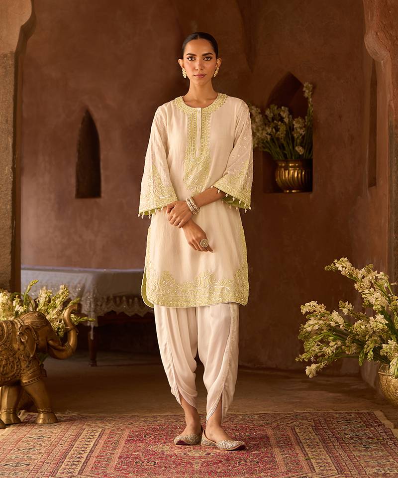 Mint green embroidered silk chanderi kurta set