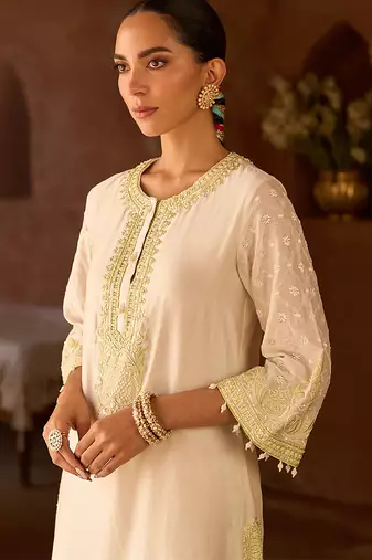 Mint green embroidered silk chanderi kurta set