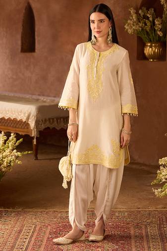 Lemon yellow embroidered silk chanderi kurta set