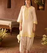 Lemon yellow embroidered silk chanderi kurta set