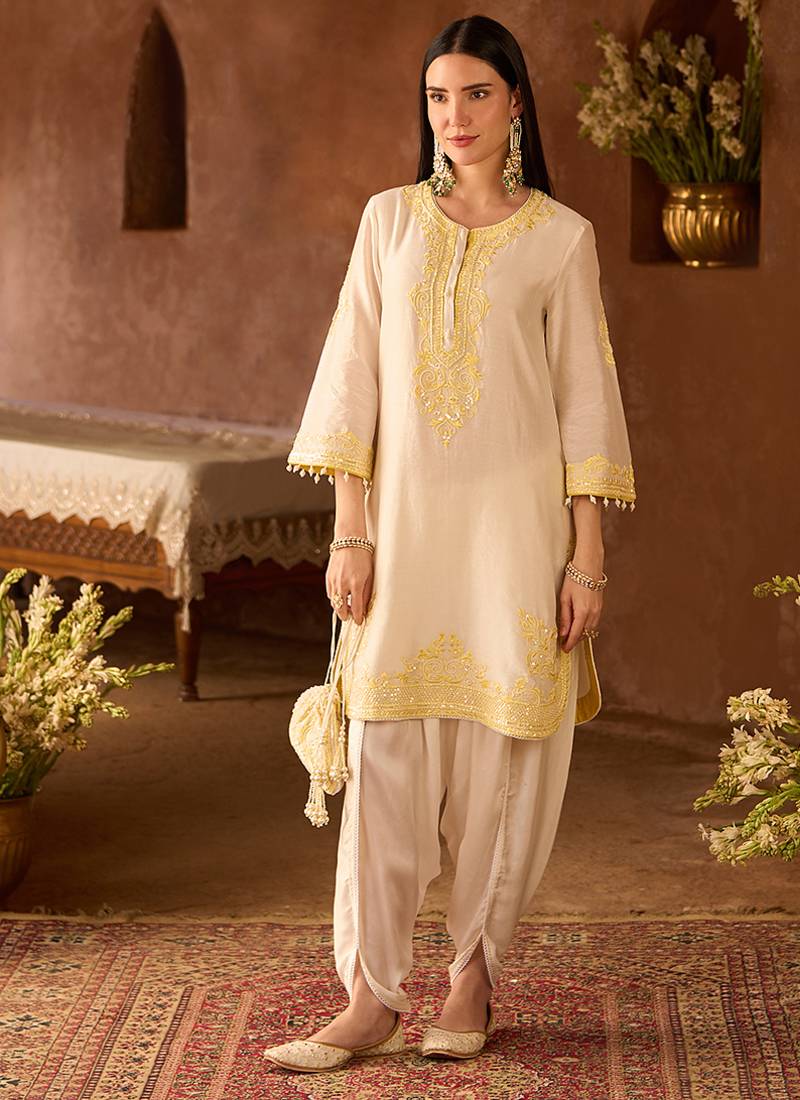 Lemon yellow embroidered silk chanderi kurta set