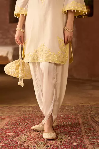 Lemon yellow embroidered silk chanderi kurta set