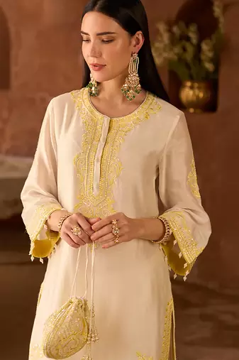 Lemon yellow embroidered silk chanderi kurta set