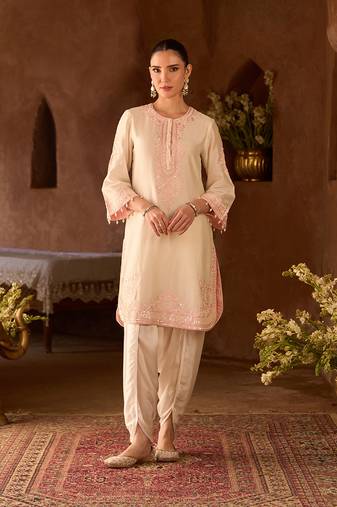 Pink embroidered silk chanderi kurta set