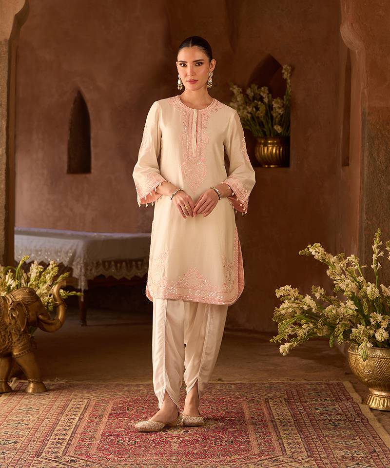 Pink embroidered silk chanderi kurta set