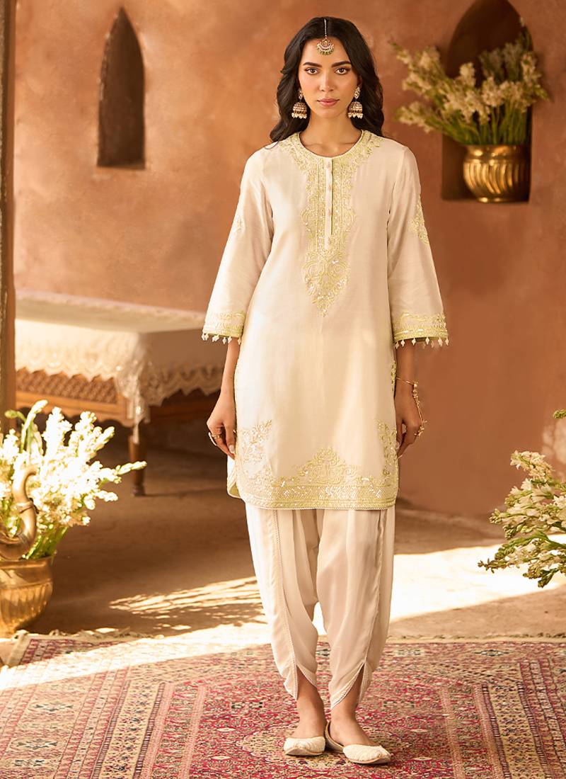 Mint green embroidered silk chanderi kurta set