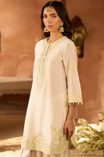 Mint green embroidered silk chanderi kurta set