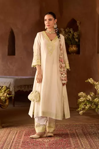 Mint green embroidered silk chanderi kurta set