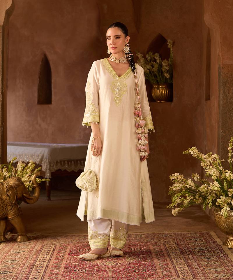 Mint green embroidered silk chanderi kurta set