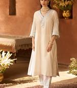 Daisy ivory blue embroidered silk chanderi kurta set