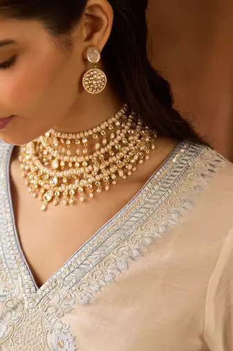 Daisy ivory blue embroidered silk chanderi kurta set