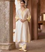 Lemon yellow embroidered silk chanderi kurta set