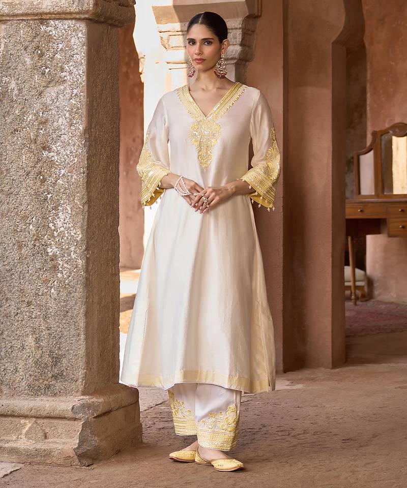 Lemon yellow embroidered silk chanderi kurta set