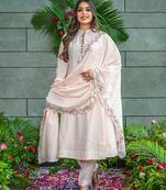 Women's cream muslin cotton embroidered mandarin neck kurta set with dupatta