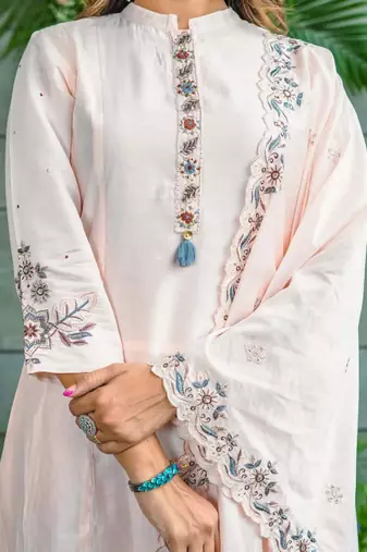 Women's cream muslin cotton embroidered mandarin neck kurta set with dupatta