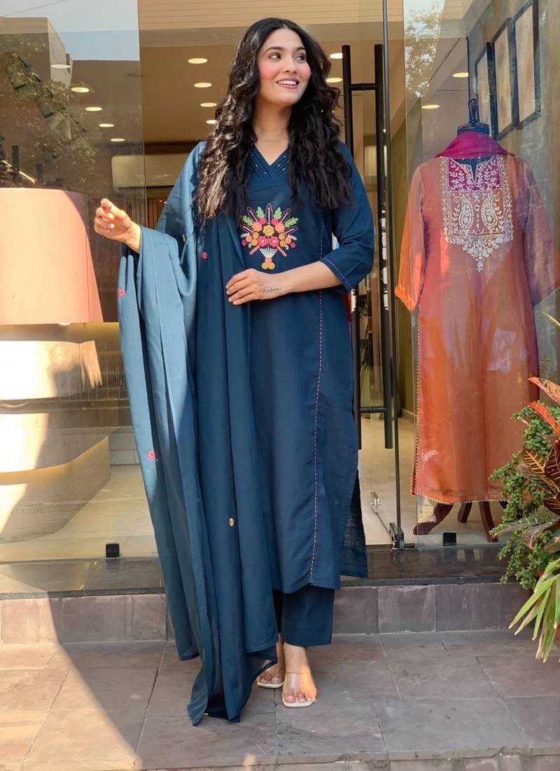 Women's blue rayon slub embroidered v-neck kurta set with chanderi cotton dupatta