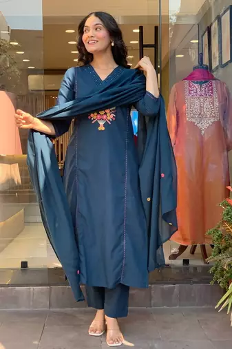blue rayon slub embroidered kurta set with dupatta