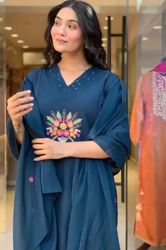 blue rayon slub embroidered kurta set with dupatta