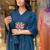 Women's blue rayon slub embroidered v-neck kurta set with chanderi cotton dupatta