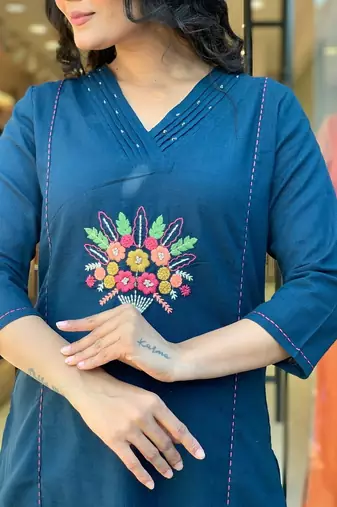 blue rayon slub embroidered kurta set with dupatta