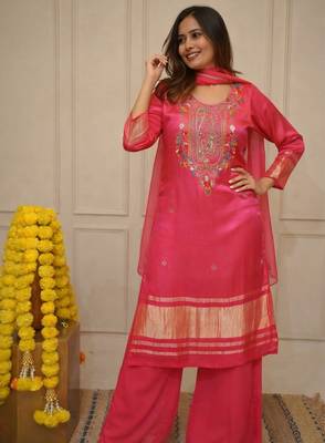 peach viscose silk blend embroidered kurta set with dupatta 1