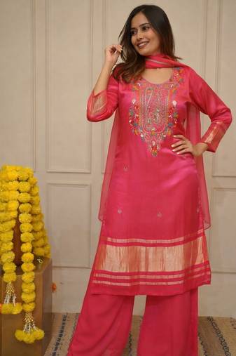 Women's peach viscose silk embroidered round neck kurta set with chanderi cotton dupatta