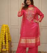 Women's peach viscose silk embroidered round neck kurta set with chanderi cotton dupatta