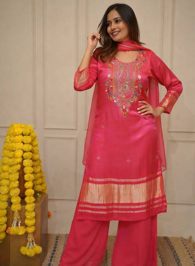 Women's peach viscose silk embroidered round neck kurta set with chanderi cotton dupatta
