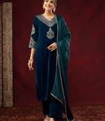 Women's teal heavy velvet embroidered v-neck luxury kurta set with chinon silk dupatta