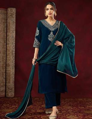 teal heavy velvet embroidered kurta set with dupatta 2