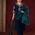 Women's teal heavy velvet embroidered v-neck luxury kurta set with chinon silk dupatta