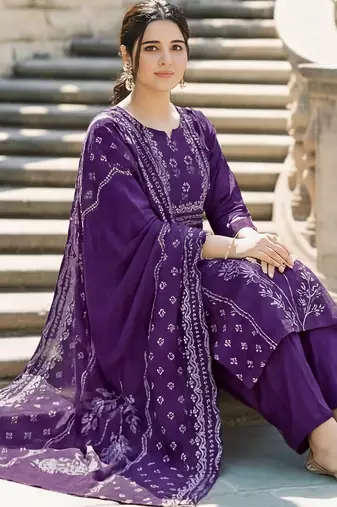 purple muslin printed kurta set with dupatta