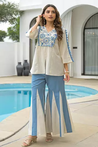 cream rayon embroidered kurta set