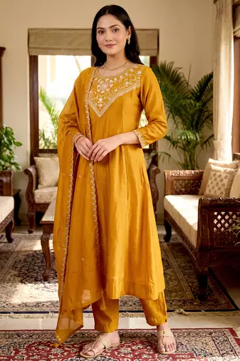 Women's gold vichitra silk embroidered round neck kurta set with dupatta