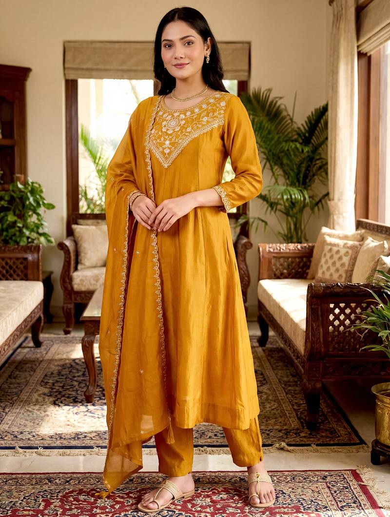 Women's gold vichitra silk embroidered round neck kurta set with dupatta