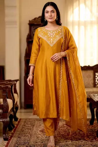 Women's gold vichitra silk embroidered round neck kurta set with dupatta