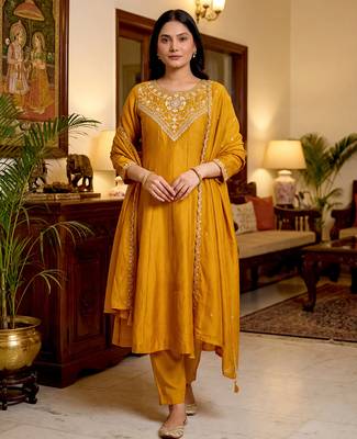 Women's gold vichitra silk embroidered round neck kurta set with dupatta 3