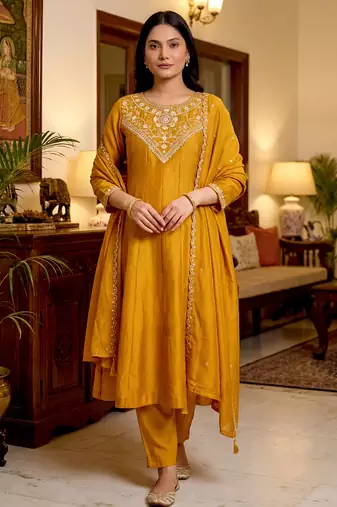 Women's gold vichitra silk embroidered round neck kurta set with dupatta