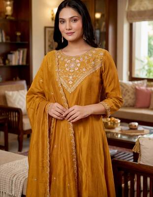 Women's gold vichitra silk embroidered round neck kurta set with dupatta 4