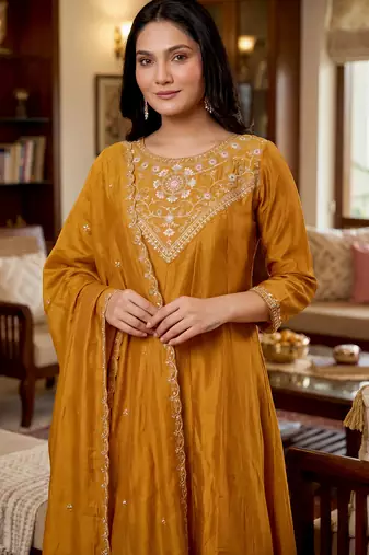 Women's gold vichitra silk embroidered round neck kurta set with dupatta