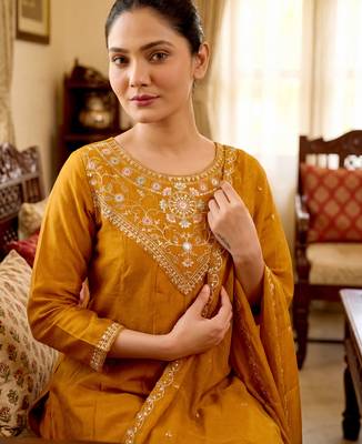 Women's gold vichitra silk embroidered round neck kurta set with dupatta 5